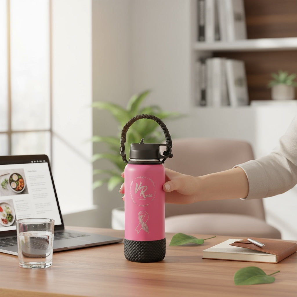 Hand holding a pink VRochét cancer awareness water bottle on an office desk