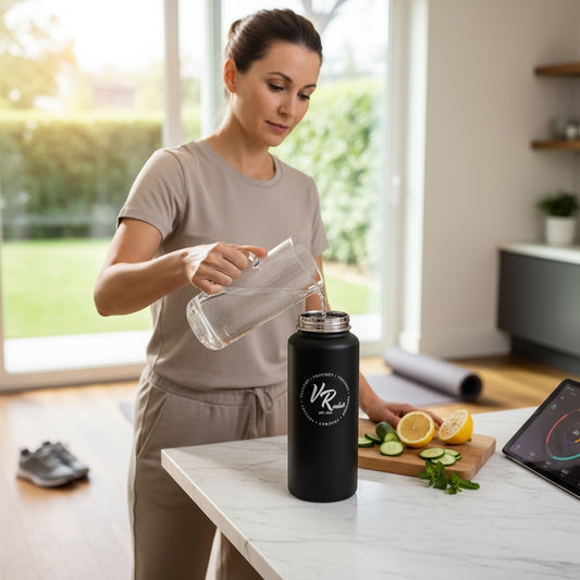 Woman pouring water next to a black VRochét insulated stainless steel water bottle on a table