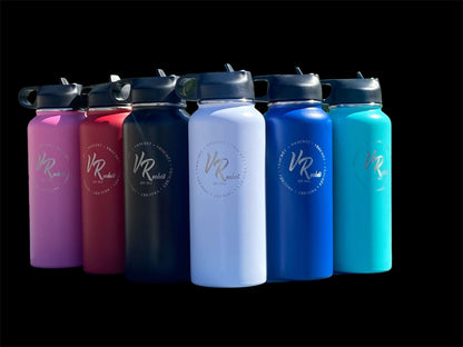  Lineup of VRochét insulated stainless steel water bottles in multiple vibrant colors